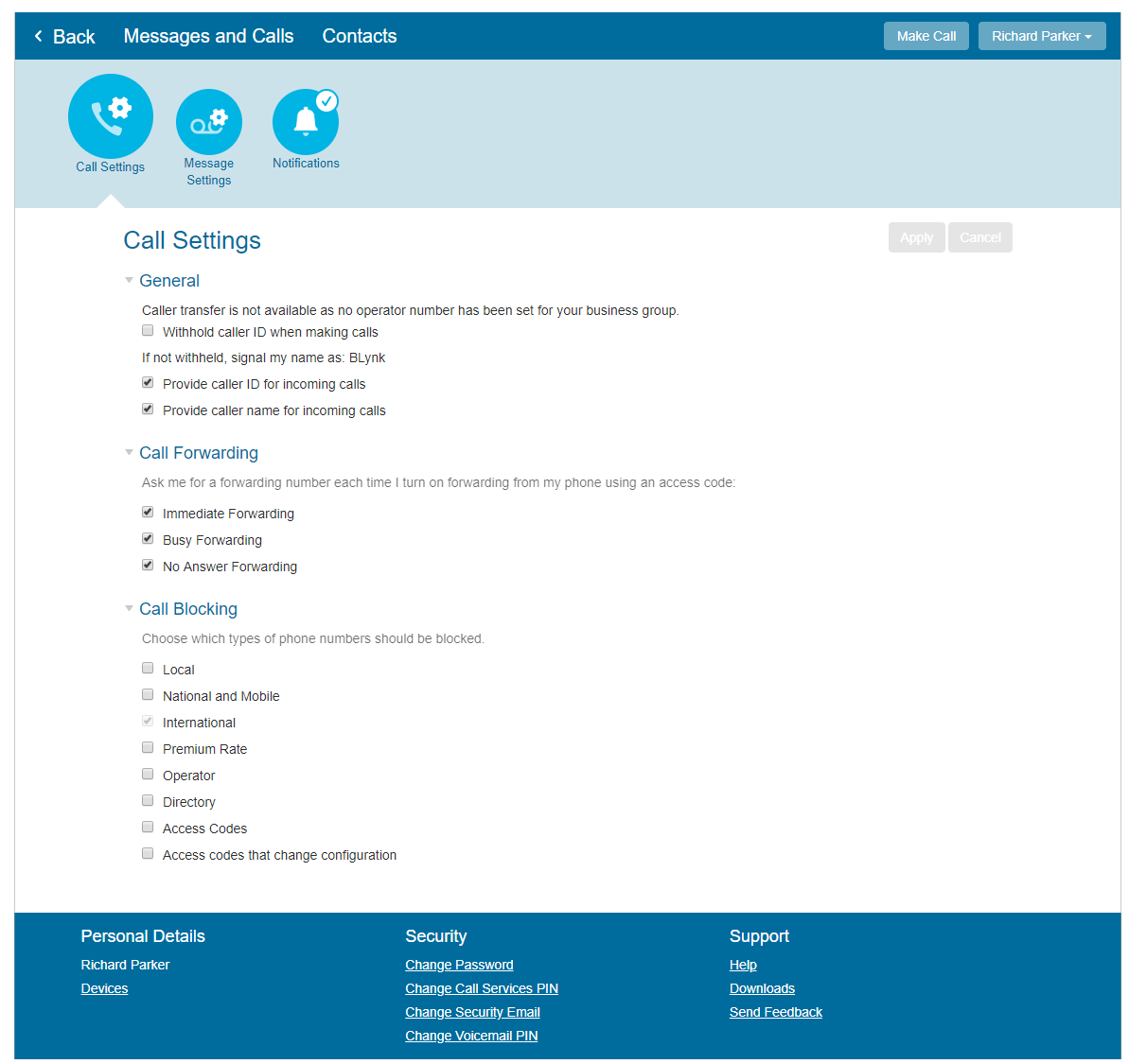 CommPortal Call Settings