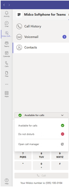A screenshot of the Call Manager location on Midco Softphone for Teams