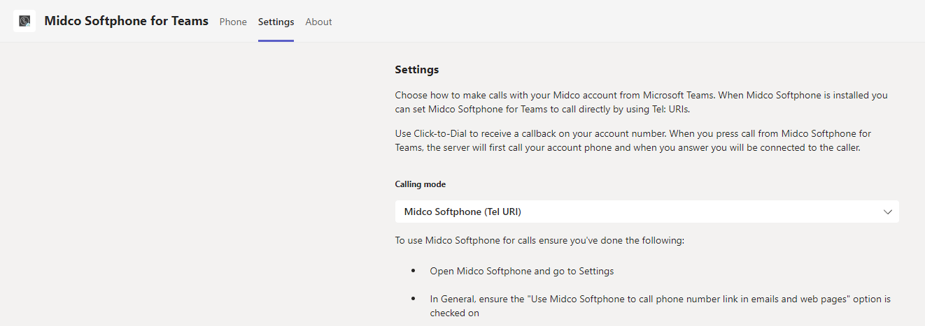 A screenshot of Midco Softphone for Teams Settings (Tel URI)