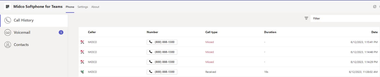 A screenshot of Call History on the Midco Softphone for Teams app