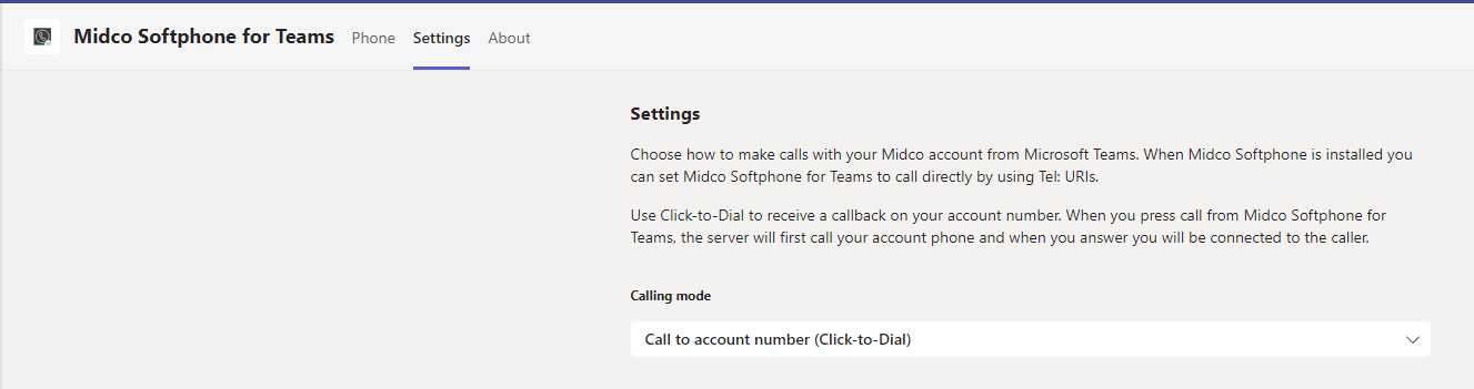 The settings tab on Midco Softphone for Teams